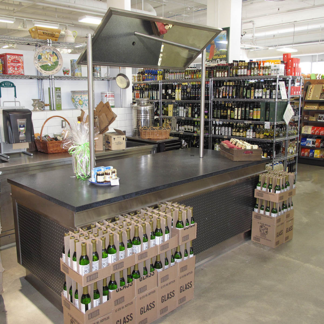 Demo station with overhead mirror in a grocery store